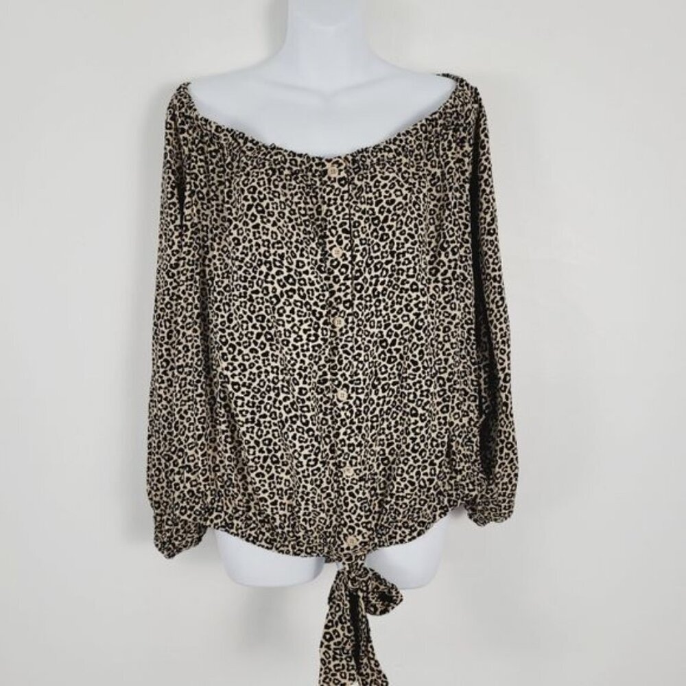Rayon Animal Leopard Print Tie Front Plus Size Blouse‎ 3X